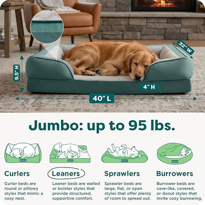 FurHaven Cooling Gel Dog Bed for Large Dogs, Comfort Sofa Bed with Cool Gel-Top Foam with a Solid Orthopedic Foam Base for Joint Support, Washable Cover, Jumbo XL, Plush & Velvet, Celadon Green.