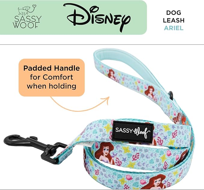 Sassy Woof Disney Princess Little Mermaid Ariel Dog Leash 60-Inch with Neoprene Padded Handle - Comfortable, Durable, and Stylish for Small to Large Dogs - Officially Licensed