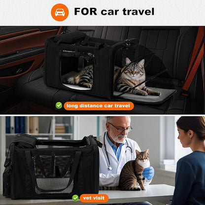 pidipiti 25''(L) x 17''(W) x 17''(H) Extra-Large Expandable cat Carrier for Long Distance car Travel,for 1 Extra-Large cat / 2 Large Cats / 3 Small-Medium Cats up to 35 lbs(Black)