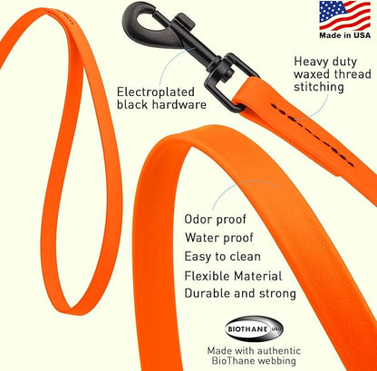 Dogline Biothane Waterproof Dog Leash Strong Coated Nylon Webbing with Black Hardware Odor-Proof Easy to Clean High Performance for Small or Large Dogs Made in USA 4 or 6 ft Lead, Hunter Orange