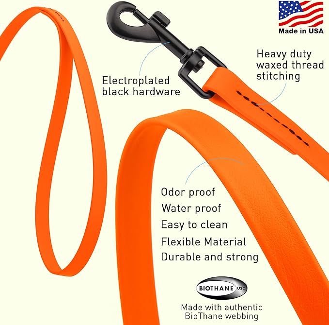 Dogline Biothane Waterproof Dog Leash 2/4/6 Ft Strong Coated Nylon Webbing with Black Hardware Odor-Proof Easy to Clean High Performance for Small or Large Dogs Made in USA, Hunter Orange