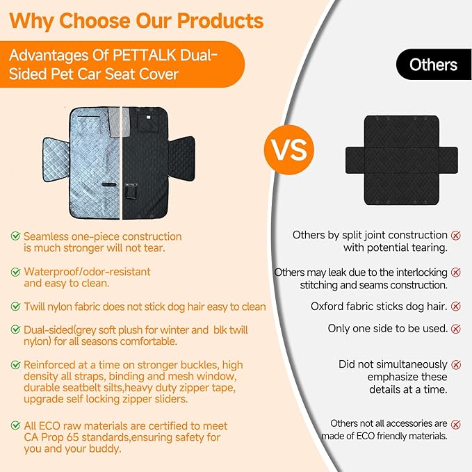 PETTALK Deluxe Dual Side Dog Car Seat Cover for Back Seat, Waterproof, Reversible Large Dog Car Seat Hammock, Back Seat Pet Cover for Dogs/Cats, Car Seat Protector, for Cars SUVs Trucks,All Seasons