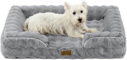 COZY KISS Orthopedic Dog Bed for Large Medium Size Dog, Soft and Warm Faux Fur Sofa for Pet Up to 75 lbs, Foam Bolster Anti-Slip Couch with Washable Removable Cover, L 36x27x6.5 inch, Grey