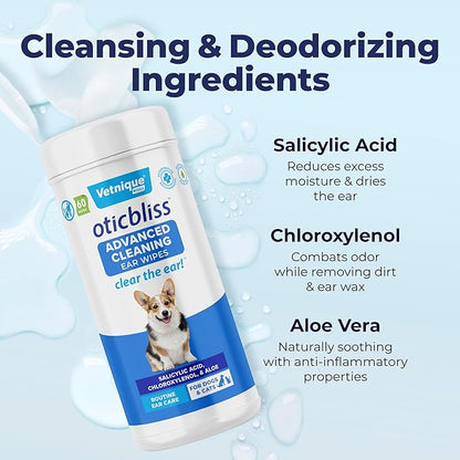 Vetnique Oticbliss Cat & Dog Ear Wipes - Dog Ear Infection Treatment or Dog Ear Cleaner Wipes for Dirty, Waxy, Smelly Dog Ears, Odor Control with Aloe Vera & Salicylic Acid (X-Lg Ear Cleaning Wipes)