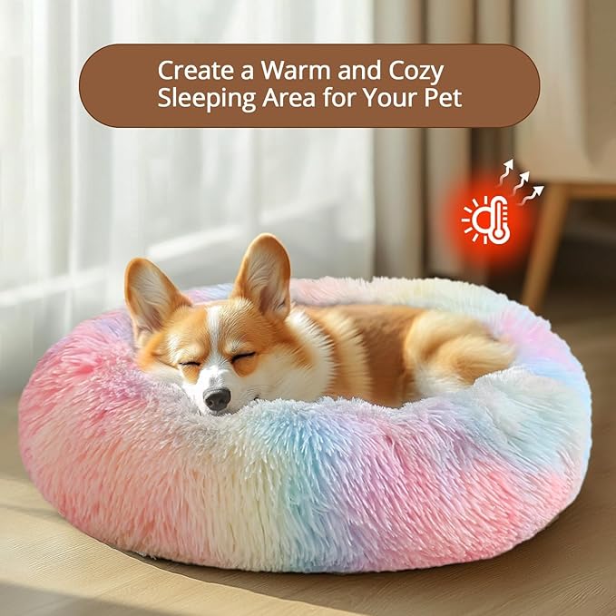 JOLLYVOGUE Calming Dog Bed Medium Size Dog, Anti-Anxiety Donut Medium Pet Bed, 31 inches Fluffy Faux Fur Round Cat Bed, Fits up to 45 lbs Pets (Rainbow)