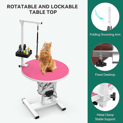 YITAHOME 24" Electric Lift Dog Grooming Table, Rotating Desktop Grooming Table for Dogs at Home, Adjustable Overhead Arm & Tools Organizer Pet Grooming Station for Small Dogs Cats, Pink