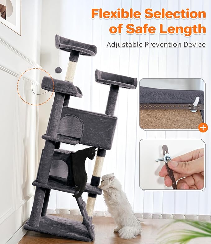 Made4Pets Cat Tree Tower 56in Cat Tower for Indoor Cats Kitten Tree Multi-Level Cat Tree with 2 Condo Furniture Activity Center with Scratching Posts Funny Toys Kittens Pet Play House, Grey
