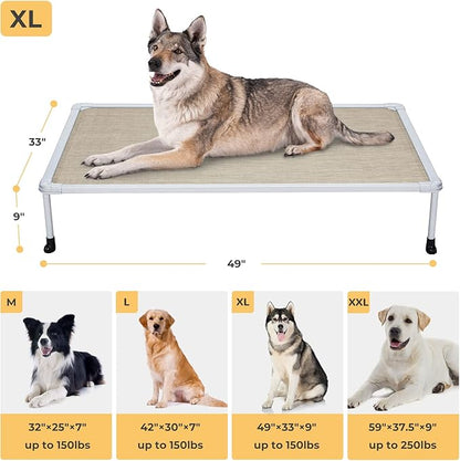 Veehoo Chewproof Elevated Dog Bed - Cooling Raised Pet Cot, Breathable Mesh, Washable & Non-Slip for large Dogs, Indoor/Outdoor, Beige Coffee Mat and Silver Metal Frame, 49x33inches (Model CWC2203B03)