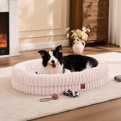 ChiXnuggle XL Dog Bed - Luxury Striped Faux Fur Waterproof Pet Couch with Removable Washable Cover, Orthopedic Dog Bed with Bolster Sides for Sleeping, Pink
