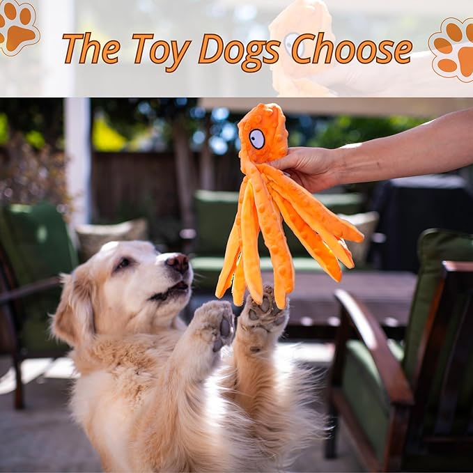 Orange Octopus Dog Toy – Squeaky & Crinkle Plush – No Stuffing Toy for Small Medium Large Dogs Puppies & Seniors – Interactive Safe Soft Toy for Tug Fetch Play – Tail Town
