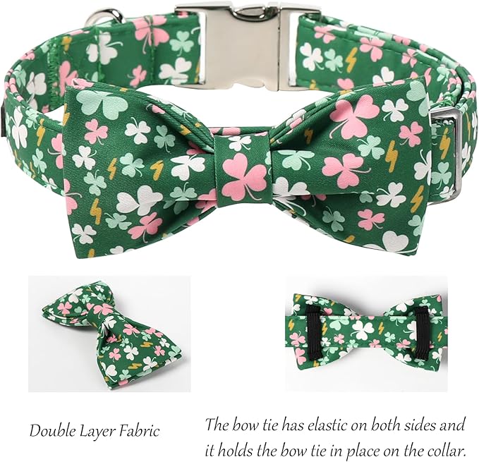 Lionet Paws St. Patrick Dog Collars with Bow tie,Cute Pink Clover Green Dog Collar Bow Tie for Dogs Female, Small, Neck 10-16 inches