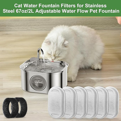 Carcent Cat Water Fountain Filters & Sponges, 8 Pack Replacement Filters for Stainless Steel 67oz/2L Adjustable Flow Pet Fountain