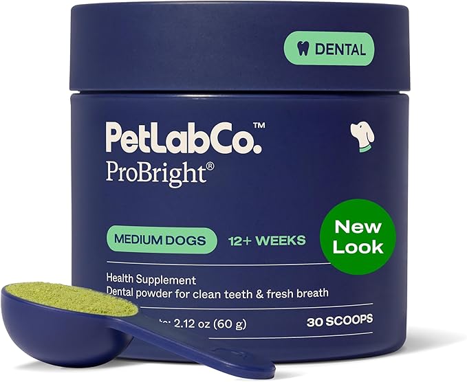PetLab Co. ProBright Dental Powder - Dog Breath Freshener - Teeth Cleaning Made Easy – Targets Tartar & Bad Breath - Formulated for Medium Size Dogs - Packaging May Vary