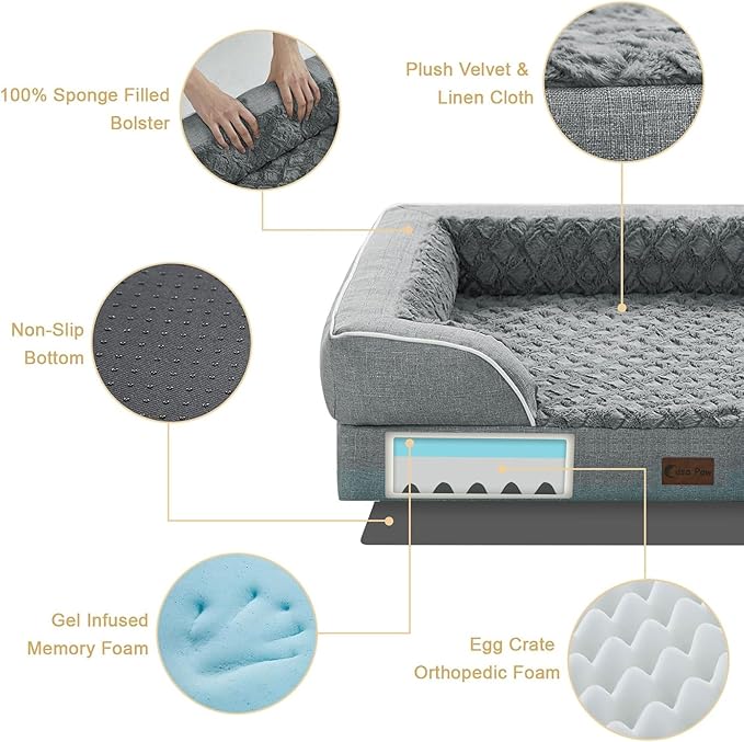 Casa Paw Orthopedic XL Dog Beds, Waterproof Memory Foam Big Bolster Pet Bed for Extra Large Sized Dogs 45x35Inch, Non-Slip Bottom and Egg-Crate Foam Dog Couch Bed with Washable Removable Cover, Grey
