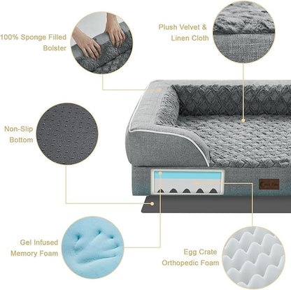 Casa Paw Orthopedic Dog Beds for Extra Large Sized Dogs, Waterproof Memory Foam XL Pet Bed with Sides 42x30Inch, Non-Slip and Egg-Crate Foam Big Dog Couch Bed with Removable Washable Cover, Grey