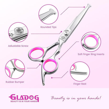GLADOG Professional 5 in 1 Dog & Cat Grooming Scissors Set with Safety Round Tips, Sharp and Heavy-duty Pet Grooming Shears for Cats (Red)