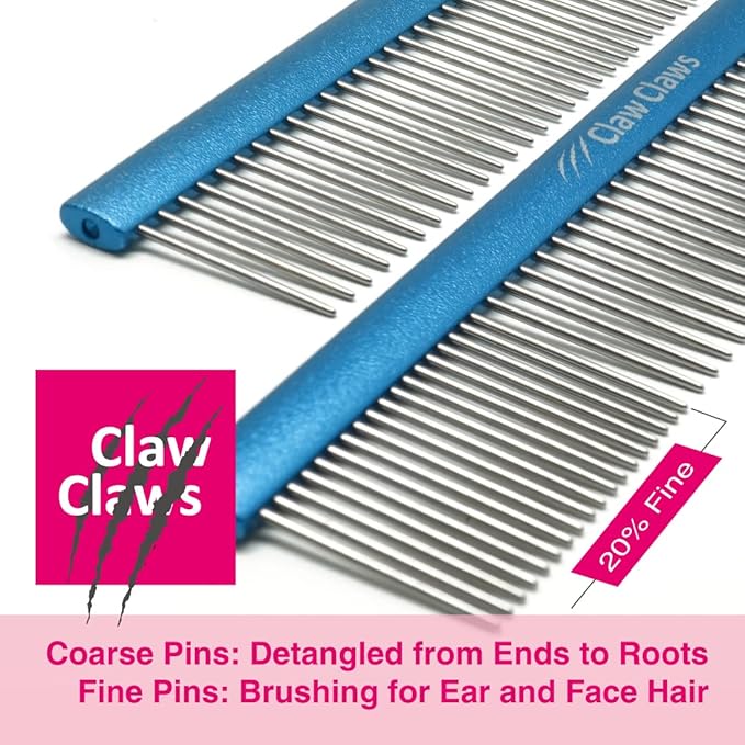 Claw Claws Greyhound Oval Grooming Comb – Aluminum handle, Stainless Steel Teeth Comb for Long-Haired Dogs & Cats, Removes Mats, Tangles, and Loose Fur – Lightweight for Deshedding (Silver/Blue, 9.8")