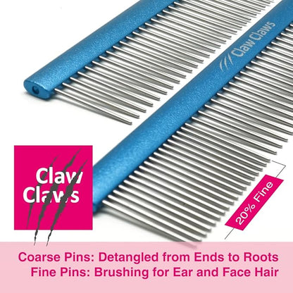 Claw Claws Greyhound Oval Grooming Comb – Aluminum handle, Stainless Steel Teeth Comb for Long-Haired Dogs & Cats, Removes Mats, Tangles, and Loose Fur – Lightweight for Deshedding (Silver/Blue, 9.8")