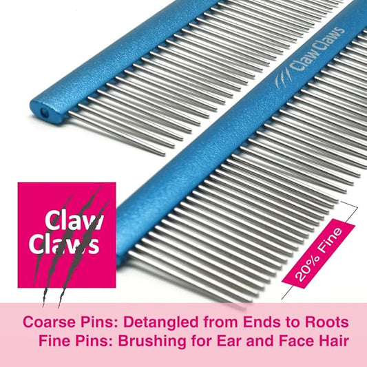 Claw Claws Greyhound Oval Grooming Comb – Aluminum handle, Stainless Steel Teeth Comb for Long-Haired Dogs & Cats, Removes Mats, Tangles, and Loose Fur – Lightweight for Deshedding (Silver/Blue, 9.8")