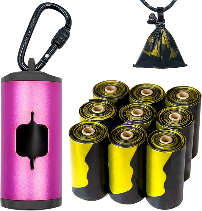 Metal Dog Poop Bag Holder w/Leash Clip|Durable Scratch-Resistant Aluminum|135 Bags+3 Accessories(Pink）