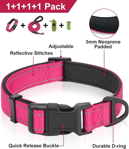 Dynmeow Reflective Dog Collar and Leash Set, 6FT Strong Climbing Rope Leash with Padded Handle, Adjustable Pet Collar with Soft Neoprene Padding for Medium Large Dogs, Hot-Pink, M