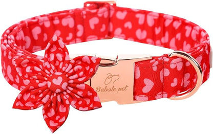 Valentine's Day Dog Collar with Flower Tie, Pink Red Love Male Dog Collar with Safety Metal Buckle Adjustable Puppy Collars for Small Medium Large Boy & Girl Dog,M-Neck 13.5"-22"