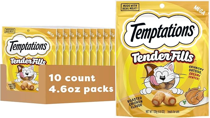 Temptations Tender Fills Crunchy and Soft Adult Cat Treats, Roasted Chicken Flavor, 4.6 oz. Pouch (Pack of 10)