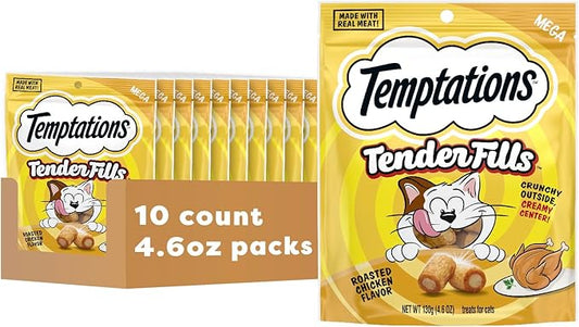 Temptations Tender Fills Crunchy and Soft Adult Cat Treats, Roasted Chicken Flavor, 4.6 oz. Pouch (Pack of 10)