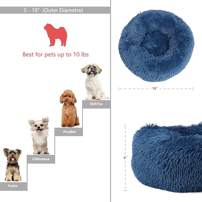 Calming Donut Dogs Beds for Small Dogs Washable,19inch Fluffy Round Puppy Bed for Puppies,Cats & Toy Breeds with Raised Rim,Fits up to 15 lbs Pets,Navy Blue