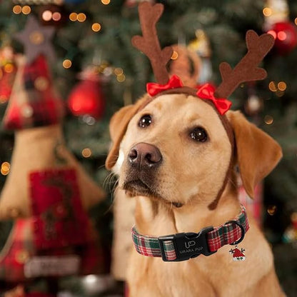 Christmas Dog Collar– Adjustable Red & Green Checkered Dog Collar for Small Medium Large Dogs, Soft Xmas Plaid Puppy Collars with Quick Release Buckle XL