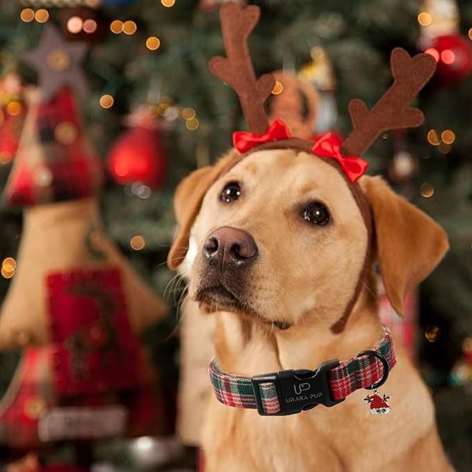 Christmas Dog Collar– Adjustable Red & Green Checkered Dog Collar for Small Medium Large Dogs, Soft Xmas Plaid Puppy Collars with Quick Release Buckle M