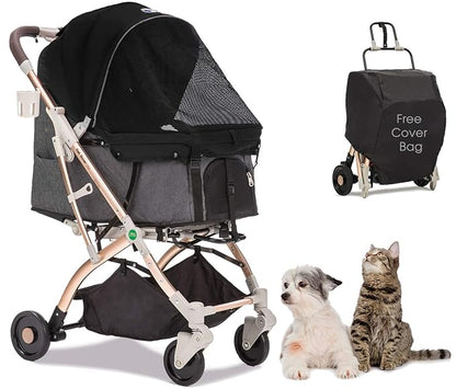 HPZ Pet Rover Lite Premium Light-Weight Dog/Cat/Pet Stroller Travel Carriage with Convertible Compartment/Zipper-Less Entry/1-Hand Quick Fold/Aluminum Frame for Small & Medium Pets (Black 2nd-Gen.)