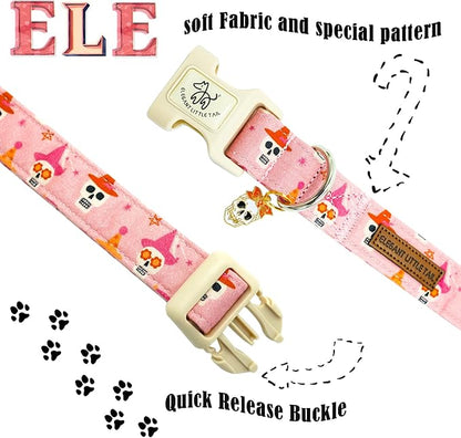 Elegant little tail Halloween Dog Collar, Skull Print Pink Halloween Pet Collars Cotton Soft Sturdy Puppy Collars Holiday Female Adjustable Collar for Small Dogs