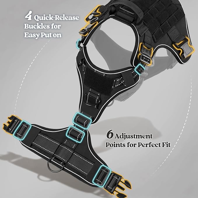 rabbitgoo Tactical Dog Harness Small Sized, No Pull Upgraded Reflective Heavy Duty Molle Vest with Handle, Adjustable Military Service Dog Vest for Walking Hiking Training, Black, S