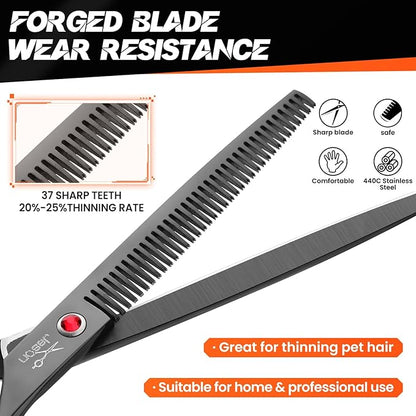 JASON 7.5" Dog Grooming Scissor - Professional Thinning Shear with 37 Teeth Japanese Stainless Steel Blender Scissors for Dogs, Cats and Other Pets (Thinning, Black) Christmas Gift