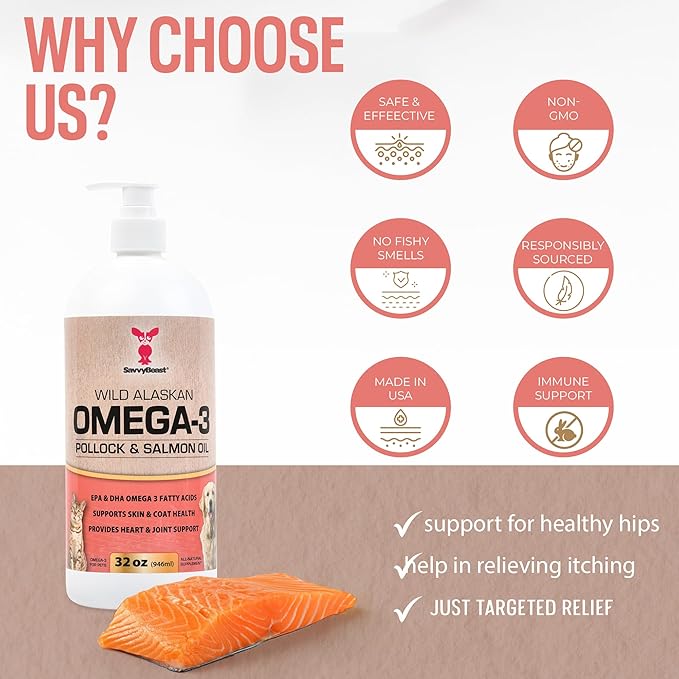 SavvyBeast Pollock and Salmon Oil for Dogs & Cats – Omega-3 Fish Oil Supplement for Pets – Supports Skin & Coat, Joints, Itch Relief, Immune Boost & Heart Health – Wild-Caught & All-Natural – 32 oz