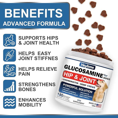 HEYISME Glucosamine for Dogs, 180 Chews Hip and Joint Supplement for Dogs, Glucosamine Chondroitin, MSM Hemp Dog Joint Pain Relief, Dog Joint Supplement Health Mobility Support (180 Chews, Bacon)