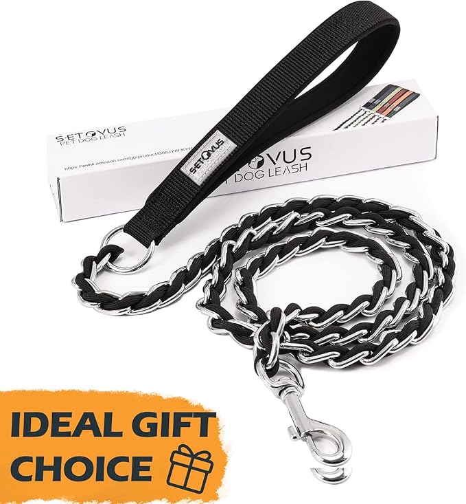 Chain Dog Leash Chew Proof Metal Leash for Medium Large Dogs, Chain Link Dog Leash Anti Chew 5.2FT Strong Anti Bite Dog Leash Comfortable Soft Padded Handle Black 3.0