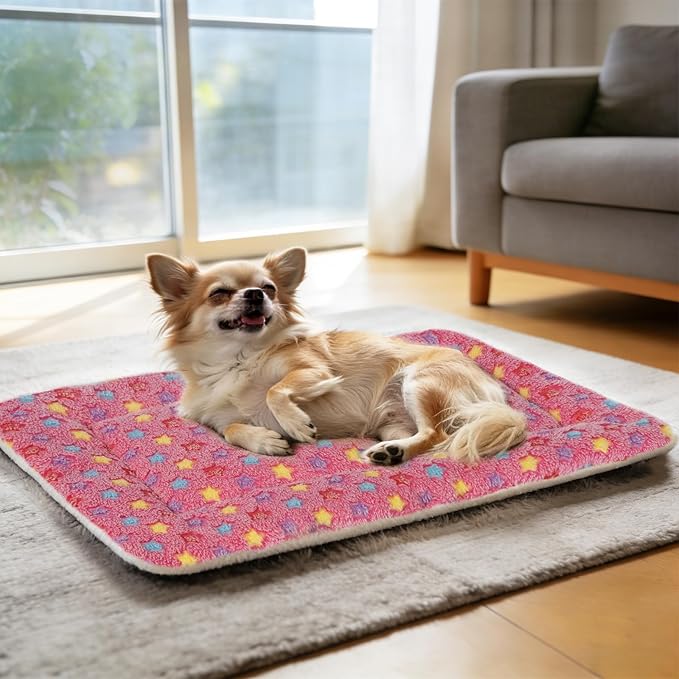 Mora Pets Dog Bed Crate Pad Ultra Soft Pet Bed with Cute Star Print Washable Crate Mat for Large Medium Small Dogs Reversible Fleece Dog Crate Kennel Mat Cat Bed Liner 29 x 21 inch Pink