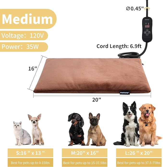 PetTemp Pet Heating Pad for Cats and Dogs, Heated Cat Bed & Dog Heating Pad with 5 Temperature Levels, Waterproof Heated Pet Mat with Timer, Auto Power-Off and Chew Resistant Cord, 20'' x 16''
