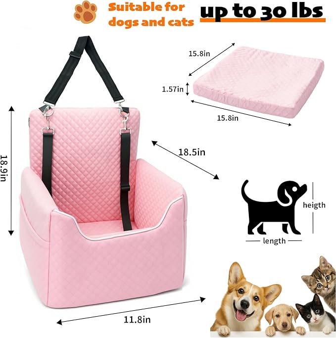 Dog Car Seat for Small Dogs Under 30lbs, Dog Booster Seat with Detachable Washable Cover and Cushion, Memory Foam Pet Car Seat with Safety Belt and Storage Pockets