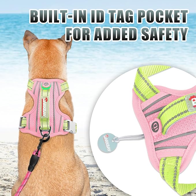 BARKBAY No Pull Dog Harness Large Reflective Dog Harness with Front Clip and Easy Control Handle for Walking Training Running with ID tag Pocket(Baby Pink & Sunlight,XS)