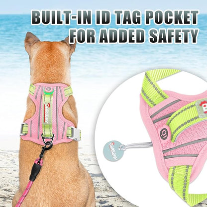 BARKBAY No Pull Dog Harness Large Reflective Dog Harness with Front Clip and Easy Control Handle for Walking Training Running with ID tag Pocket(Baby Pink & Sunlight,XL)