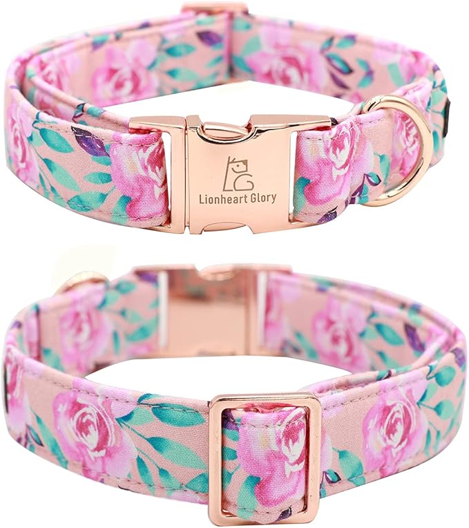 Lionheart glory Floral Rose Print Dog Collar Cute Dog Collars Spring Adjustable Soft Dog Collar Girl Pet Collars for X-Small Small Medium Large Dogs