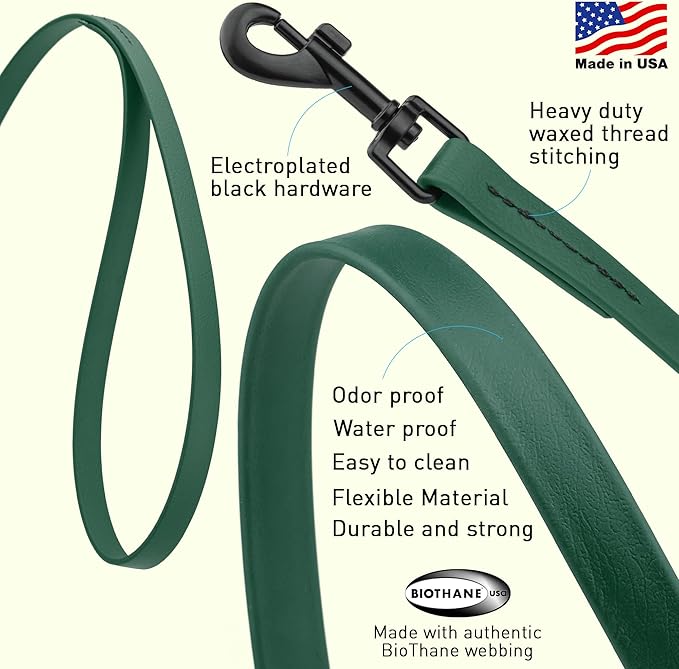 Dogline Biothane Waterproof Dog Leash Strong Coated Nylon Webbing with Black Hardware Odor-Proof Easy to Clean High Performance for Small or Large Dogs Made in USA 4 or 6 ft Lead, Hunter Green