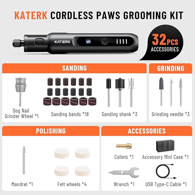 Katerk Pet Dog Nail Grinder - 5 Speed Quiet Electric Dog Nail Trimmer with 360°LED Light, 2500mAh Rechargeable, 32PCS Cordless Rotary Tool for Small Medium Large Dogs & DIY Sanding, Carving (Black)