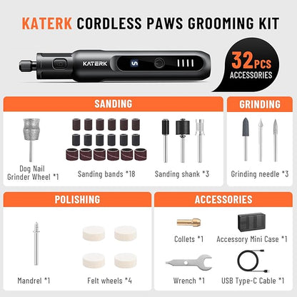 Katerk Pet Dog Nail Grinder - 5 Speed Quiet Electric Dog Nail Trimmer with 360°LED Light, 2500mAh Rechargeable, 32PCS Cordless Rotary Tool for Small Medium Large Dogs & DIY Sanding, Carving (Black)