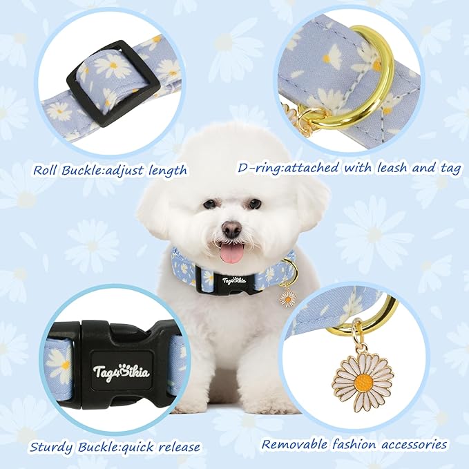 Dog Collar with Daisy Patterns, Spring Summer Collection Blue Dog Collar with Exquisite Pendant, Durable Adjustable Collars for Gifts & Daily Use-S