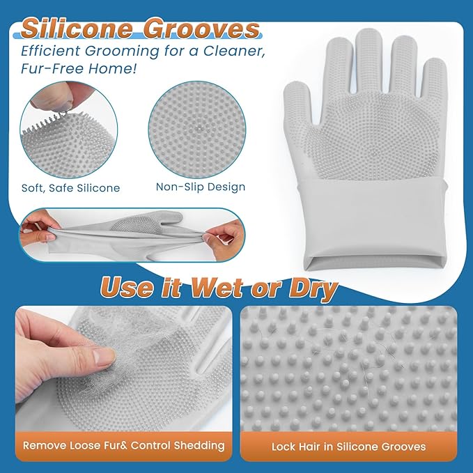 7-Piece Pet Grooming Kit with Storage Bag | Portable Bathing Set for Dogs & Cats | Includes Silicone Gloves, Deshedding Brushes & Finger Toothbrushes | All-in-One Pet Care (Gray)