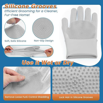 7-Piece Pet Grooming Kit with Storage Bag | Portable Bathing Set for Dogs & Cats | Includes Silicone Gloves, Deshedding Brushes & Finger Toothbrushes | All-in-One Pet Care (Gray)